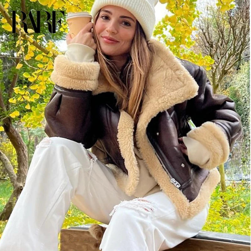 RARF 2025 New Autumn Winter Women Faux Lamb Fur Short Jacket Vintage Female Moto Biker Zipper Thick Warm Coat Fleece Outwear
